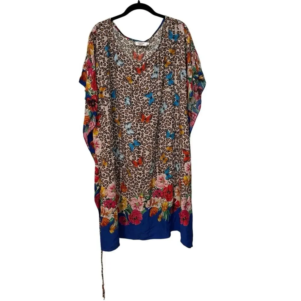 Johnny Was Butterfly Cheetah Print Floral Brown Blue Swim Mini Kaftan Size 1X